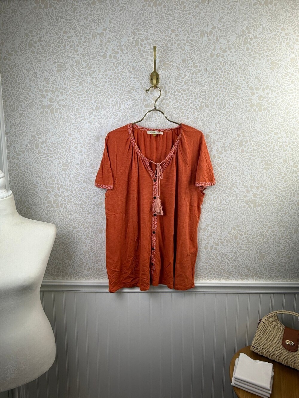 Downeast Orange Button-Front Short Sleeve Floral Trim Top - Size - Large